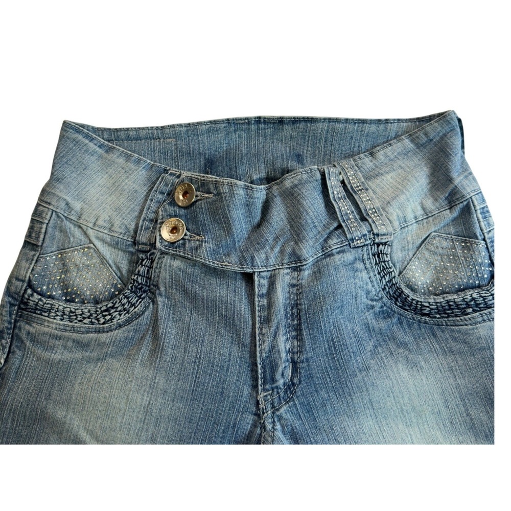Flare Jeans Y2K Light Wash Rhinestone Raw Hem Low Rise Women Size 25x29
